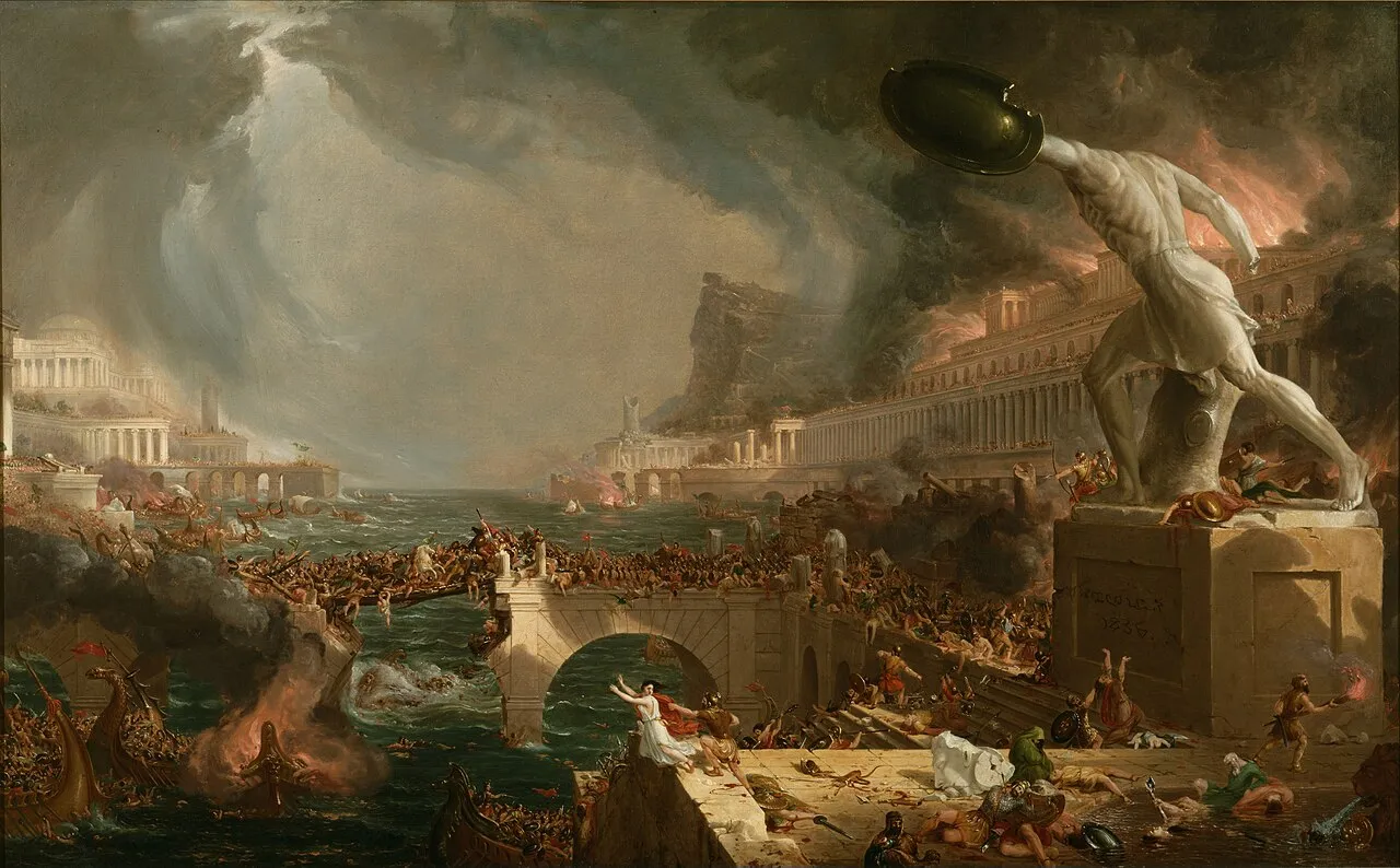 Thomas Cole, The Course of Empire: Destruction (1836). A vast city being sacked, with burning buildings, collapsing statues, and soldiers slaughtering civilians.