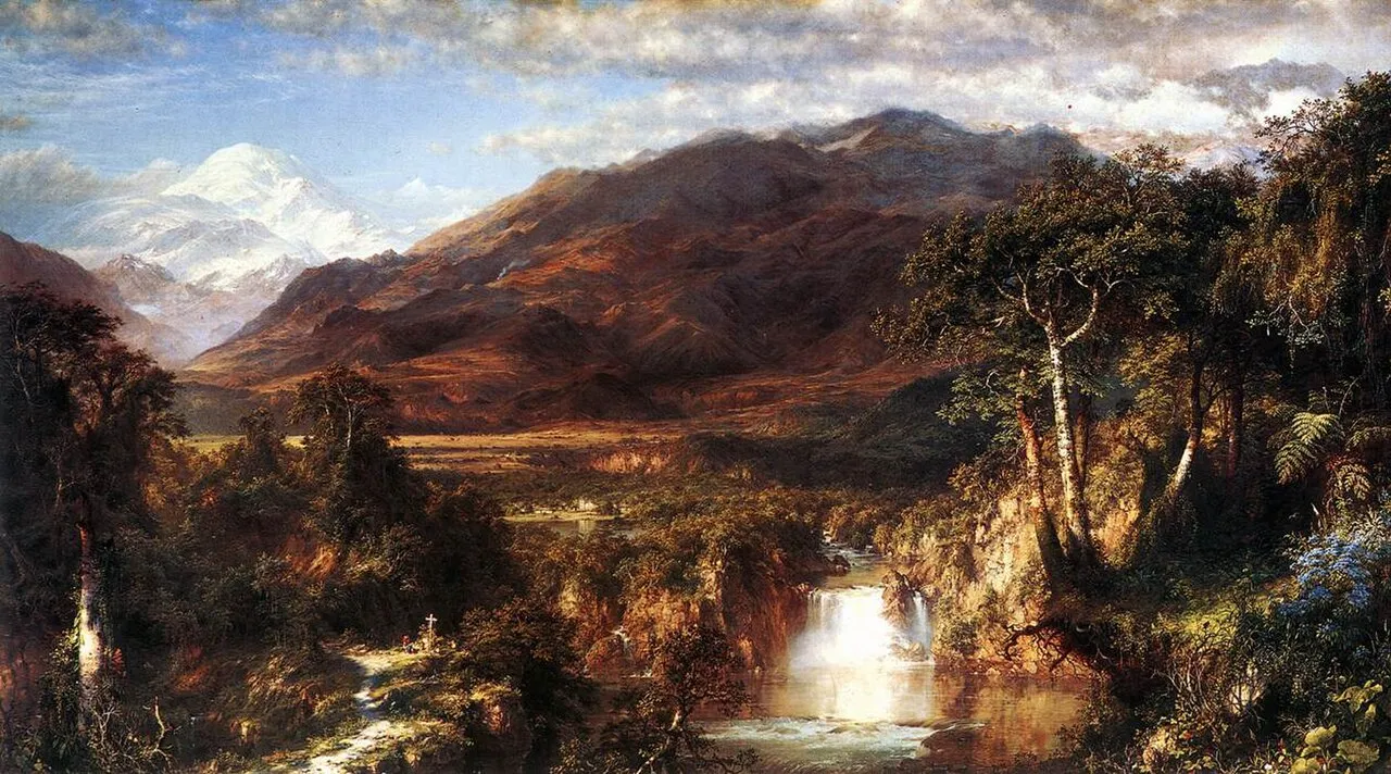 Frederic Edwin Church, The Heart of the Andes (1859). A vast South American landscape with snow-capped Mount Chimborazo in the distance, a waterfall, jungle, and a small cross in the foreground.