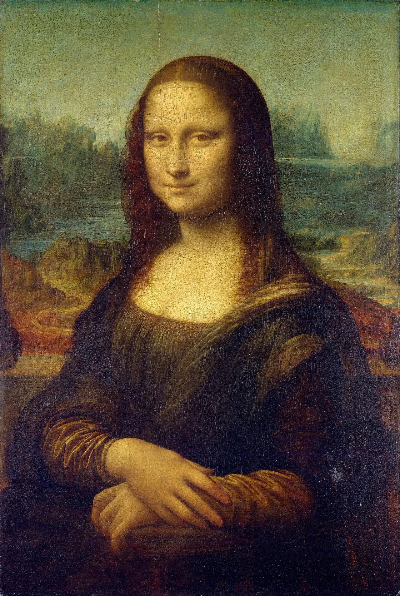 The Mona Lisa (c.1503-17) by Leonardo da Vinci, oil on poplar panel, showing Lisa Gherardini seated in three-quarter pose with an imaginary landscape behind her and the characteristic enigmatic smile