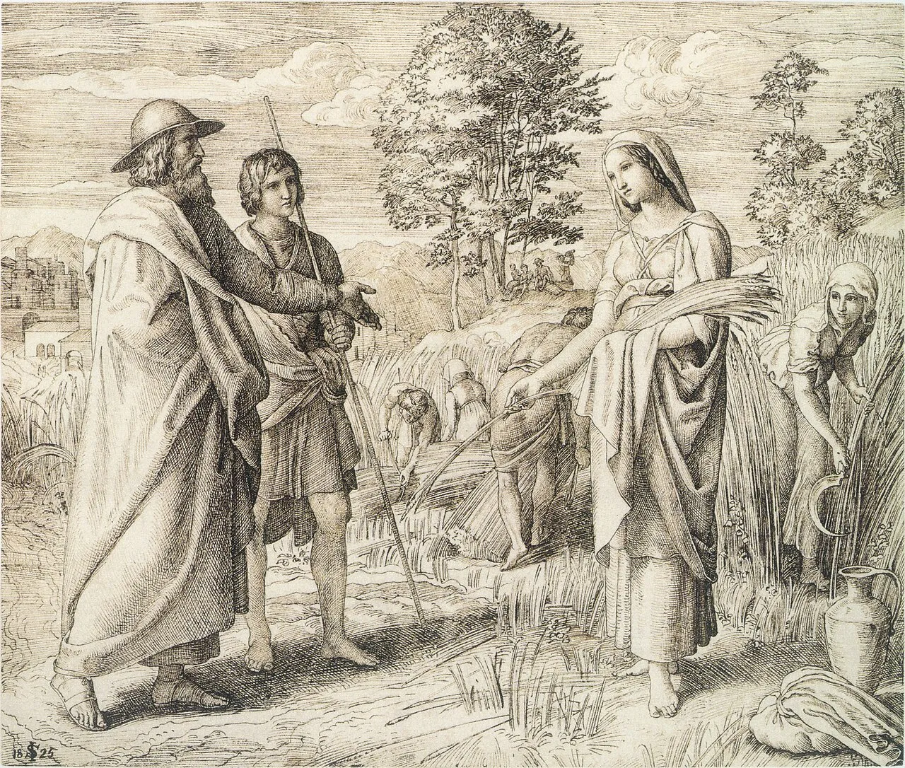 Julius Schnorr von Carolsfeld, woodcut illustration of Ruth and Boaz from the Bible in Pictures, 1851-60. A detailed black and white woodcut showing the biblical scene in a Nazarene style with clear outlines and Renaissance-inspired composition.