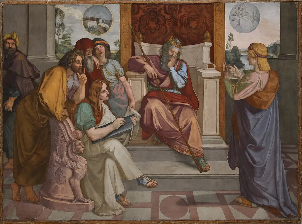 Peter von Cornelius, Joseph Interpreting Pharaoh's Dream, 1816-17. A fresco showing monumental figures in clear outlines and flat space, depicting the biblical scene in an early Renaissance style.