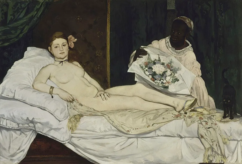 Édouard Manet, Olympia (1863). A reclining nude woman with a direct, confrontational gaze, wearing a black ribbon and slippers, attended by a Black maid holding flowers, challenging the conventions of the academic nude