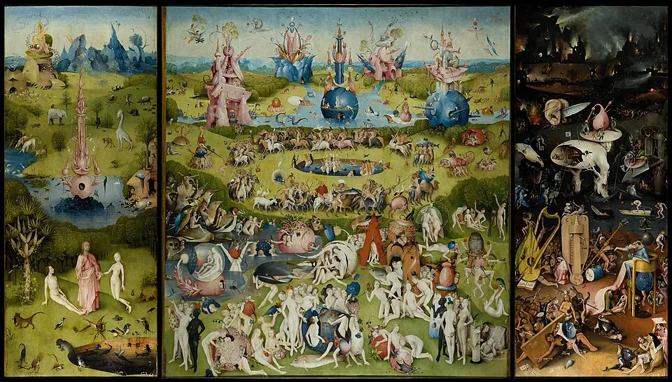 Hieronymous Bosch, The Garden of Earthly Delights (c. 1490-1510). A triptych showing Eden on the left, a surreal earthly paradise in the center, and hell on the right, filled with bizarre creatures and impossible architecture.