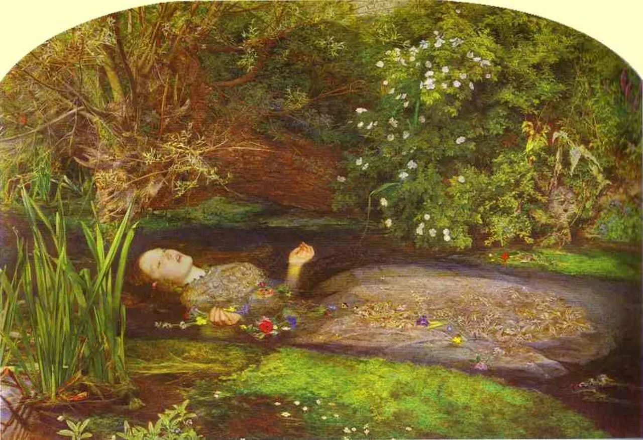 Ophelia (1851 to 1852) by John Everett Millais, showing a woman floating in a river surrounded by detailed botanical life, her dress spreading on the water surface