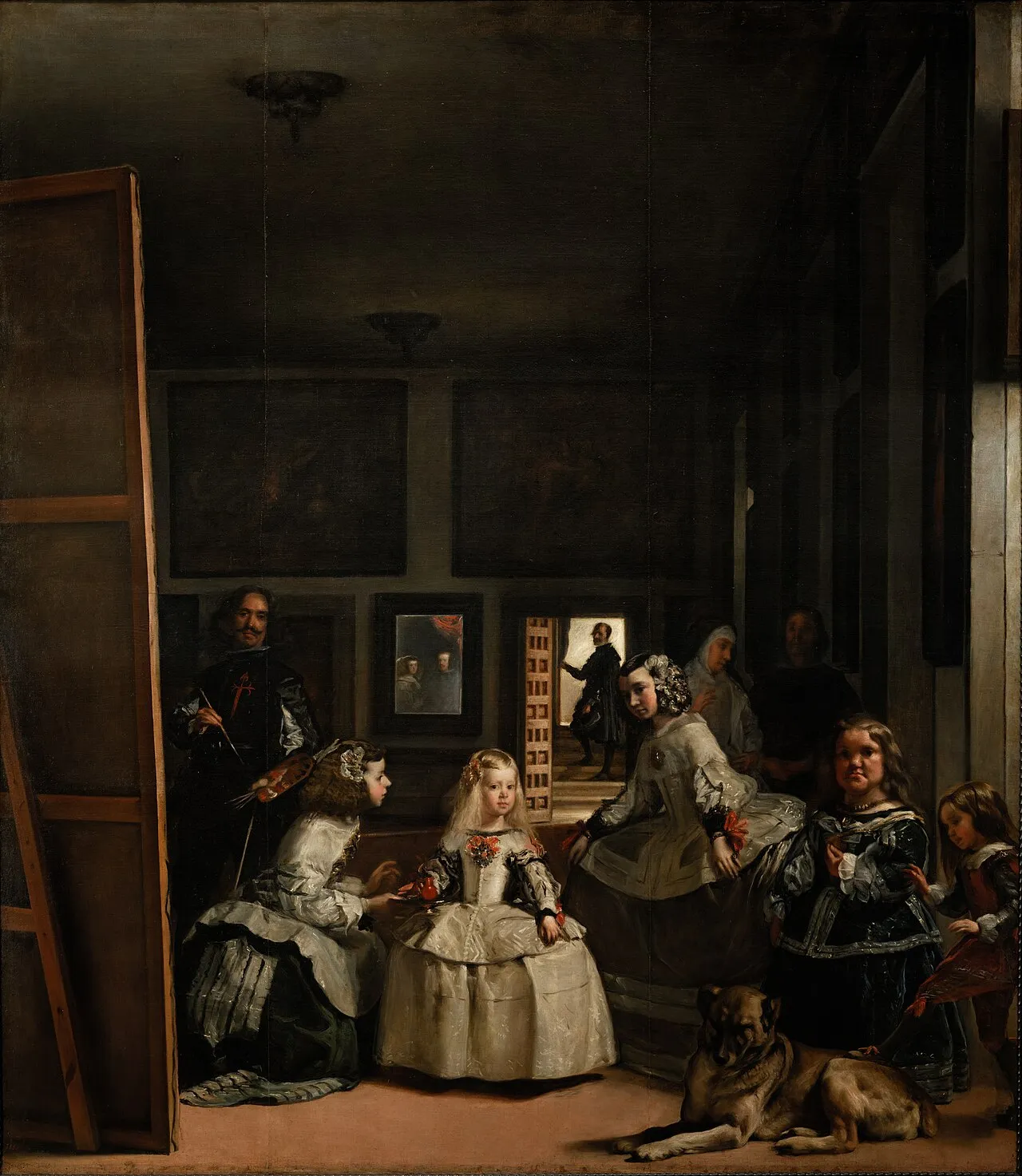Las Meninas (1656) by Diego Velazquez, showing Infanta Margarita with her attendants, Velazquez himself at a large canvas, and a mirror on the rear wall reflecting the King and Queen in the position occupied by the viewer