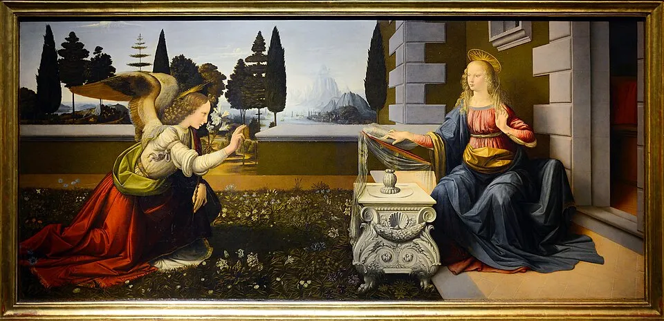 Leonardo da Vinci, The Annunciation (c. 1472-1475). The Archangel Gabriel kneels before the Virgin Mary in a walled garden, with a landscape behind them.