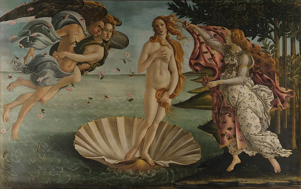 Sandro Botticelli, The Birth of Venus (c. 1485). The goddess Venus stands on a shell emerging from the sea, with wind gods blowing her to shore and a nymph rushing to cover her.