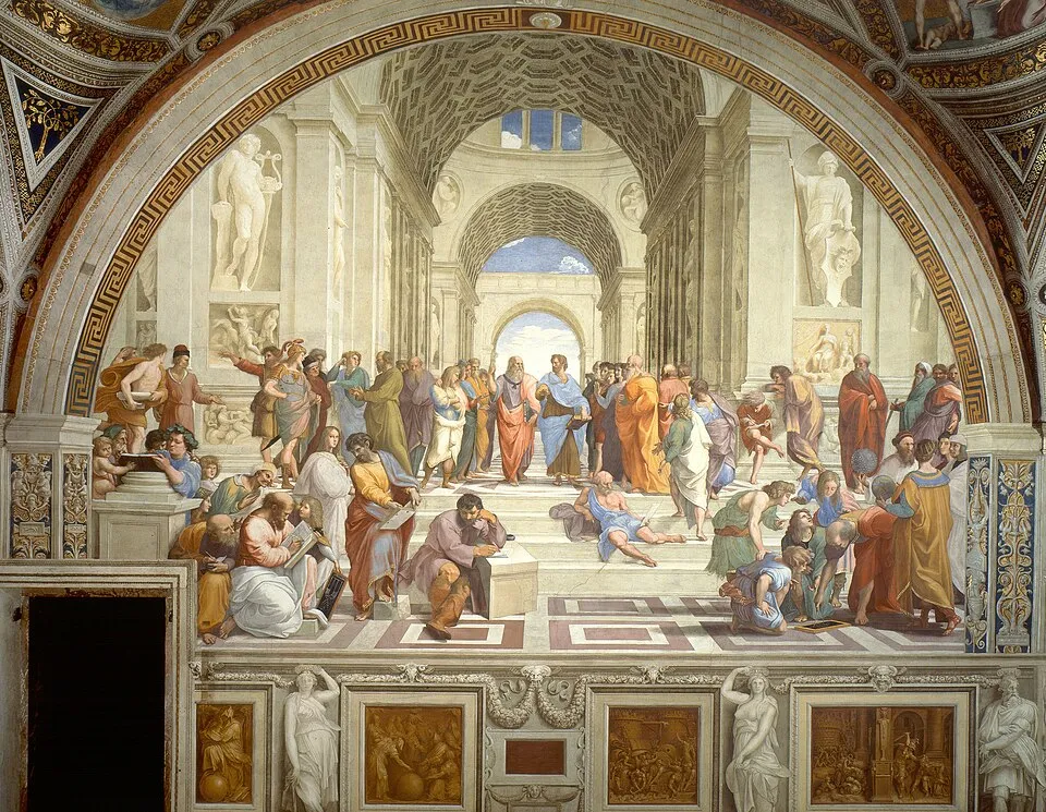 Raphael, The School of Athens (1509-1511). A gathering of ancient Greek philosophers in a classical architectural setting, with Plato and Aristotle at the center pointing in different directions.