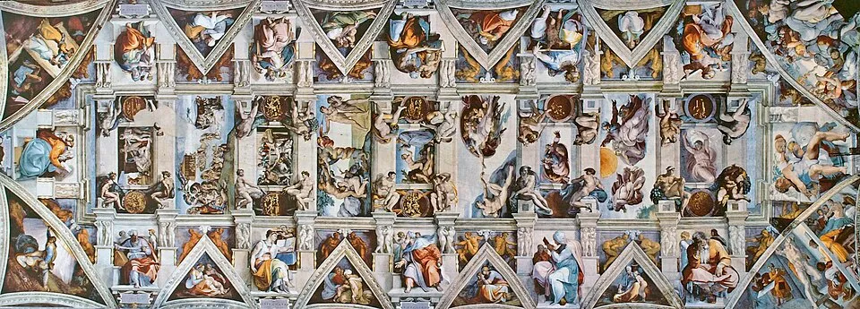 Michelangelo's Sistine Chapel ceiling, showing the Creation of Adam panel in the center, surrounded by prophets, sibyls, and scenes from Genesis.