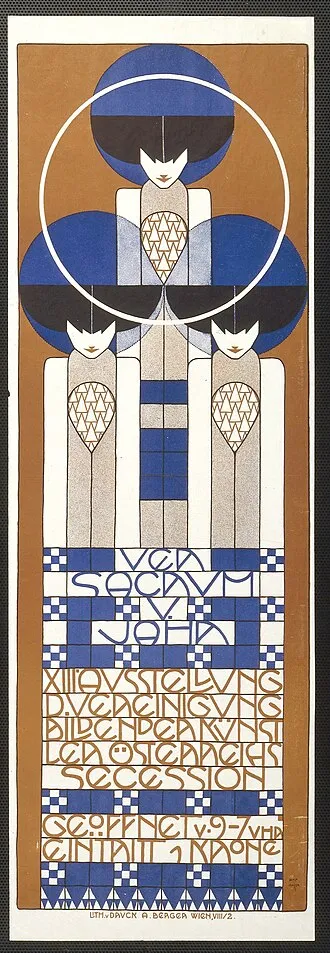 Koloman Moser, poster for the 13th Vienna Secession exhibition (1902). A tall, narrow graphic design with flowing lines and decorative lettering characteristic of Jugendstil.