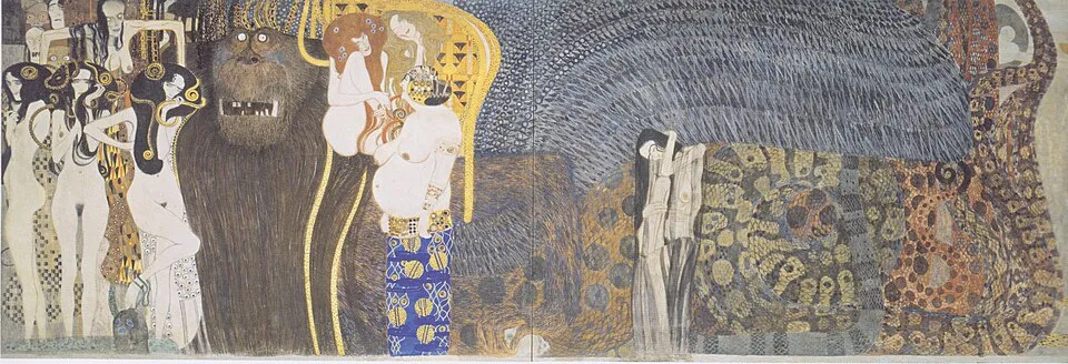 Gustav Klimt, Beethoven Frieze, middle wall: The Hostile Powers (1902). Typhoeus the giant and his daughters the three Gorgons, painted in gold and dark tones.