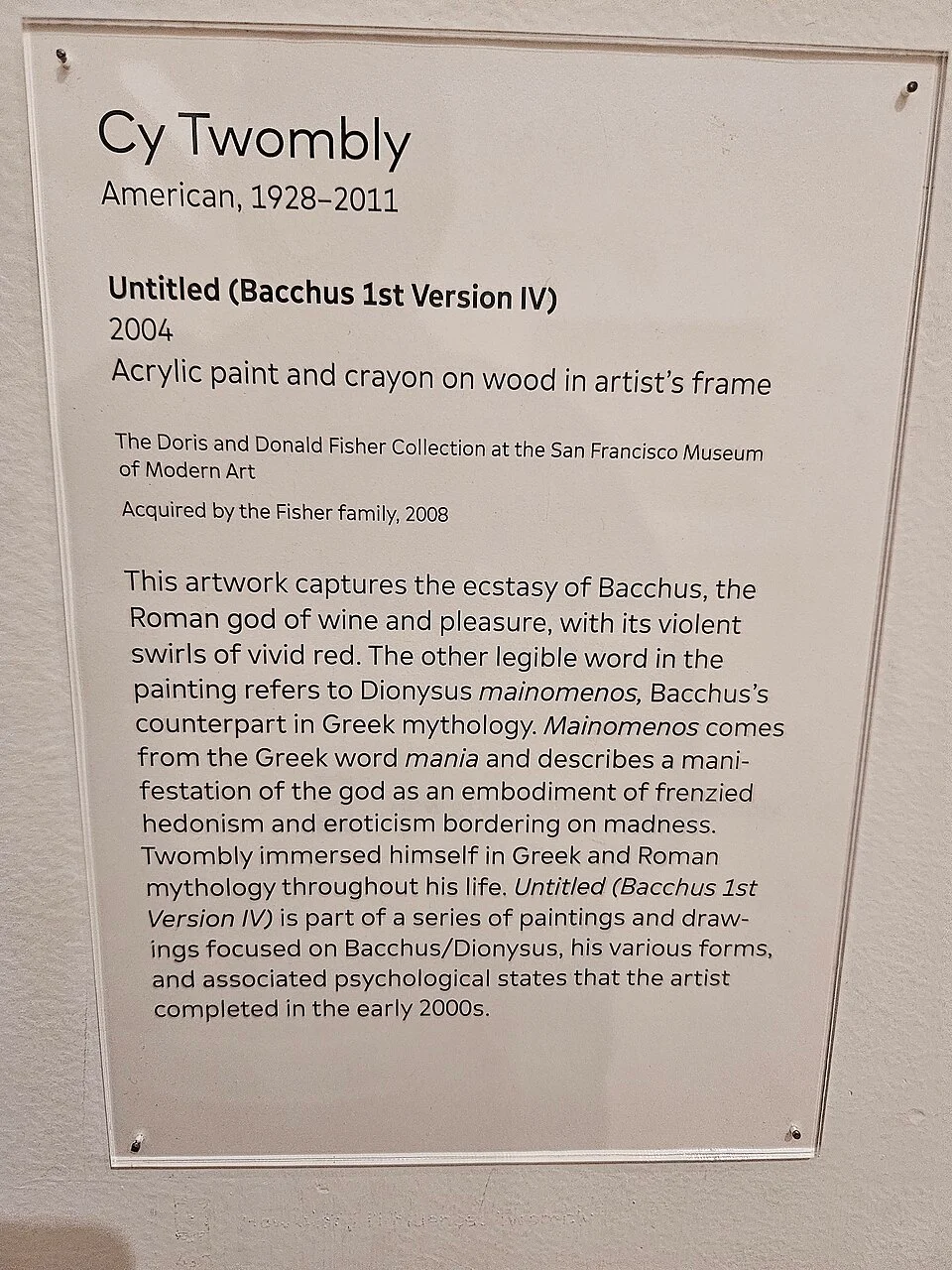 Cy Twombly, Untitled (Bacchus 1st version IV), 2004, large red swirling painting at SFMOMA