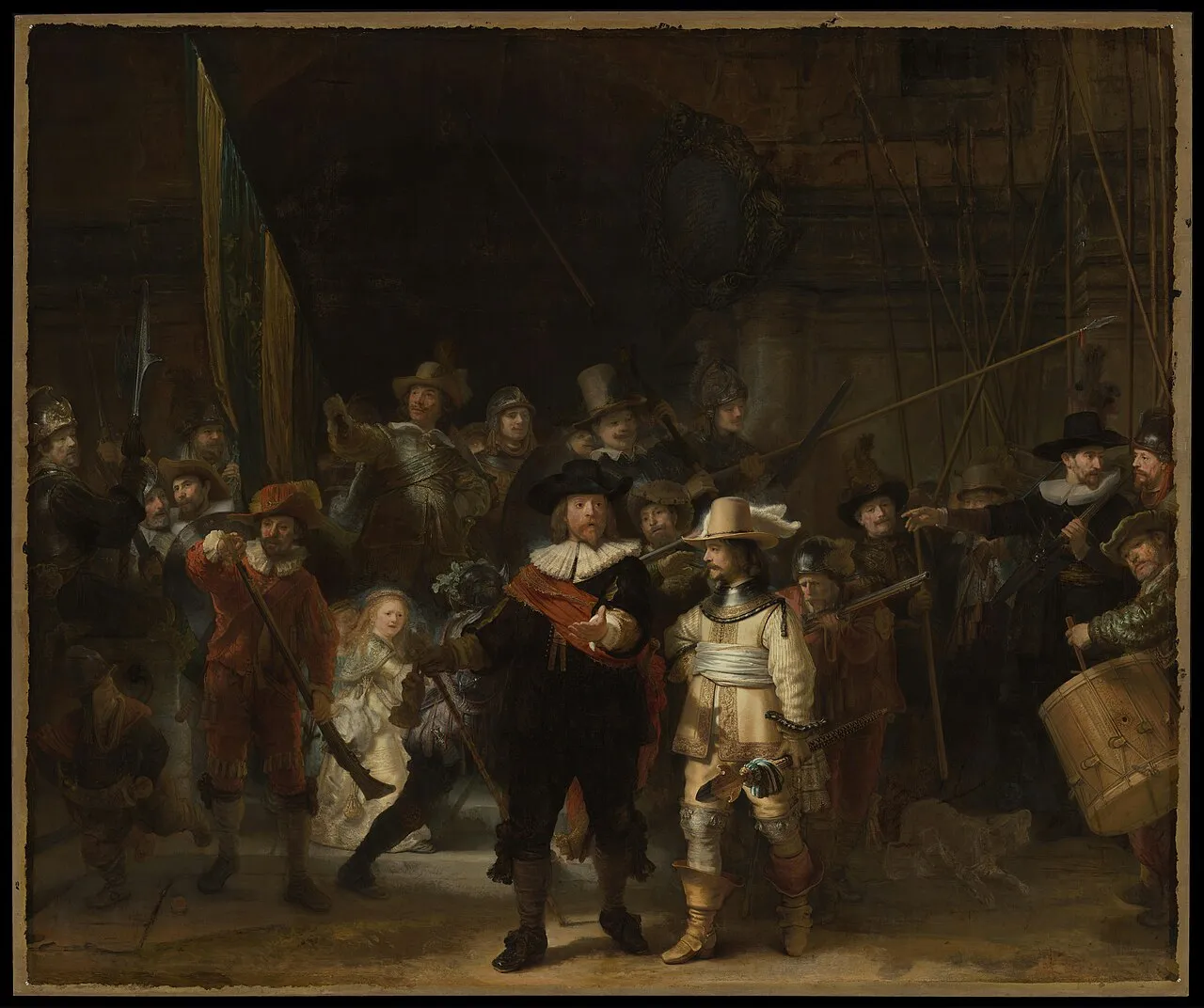 The Night Watch (1642) by Rembrandt van Rijn, showing a militia company with the central figures illuminated by dramatic light against a dark background