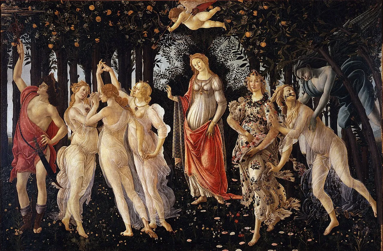 Primavera (c. 1477-1482) by Sandro Botticelli, a large mythological painting showing Venus, Mercury, the Three Graces, Flora, Chloris, and Zephyr in an orange grove, each figure carrying specific iconographic attributes