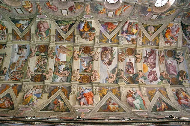 The Sistine Chapel ceiling (1508-1512) by Michelangelo, showing the vast painted surface with the Creation of Adam at centre, viewed from below