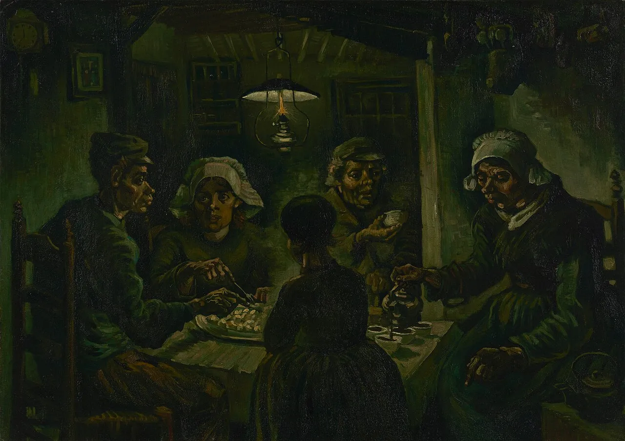 The Potato Eaters (1885) by Vincent van Gogh, showing five peasants eating potatoes around a table under a dim oil lamp
