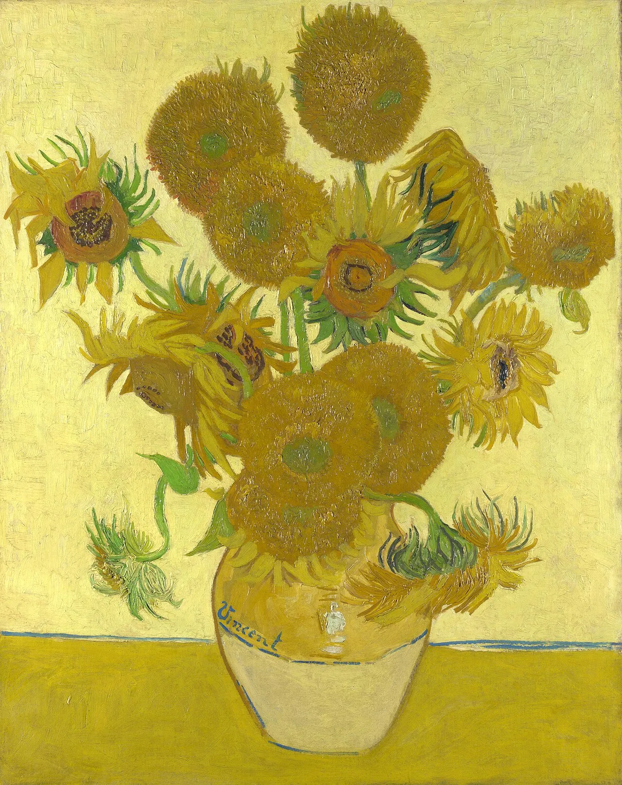 Sunflowers (1888) by Vincent van Gogh, showing a vase of sunflowers in various stages of bloom against a yellow background