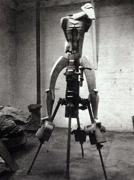 Jacob Epstein, Rock Drill, 1913-15. A plaster figure perched on top of an industrial rock drill, combining a human-like form with machinery in a menacing hybrid.