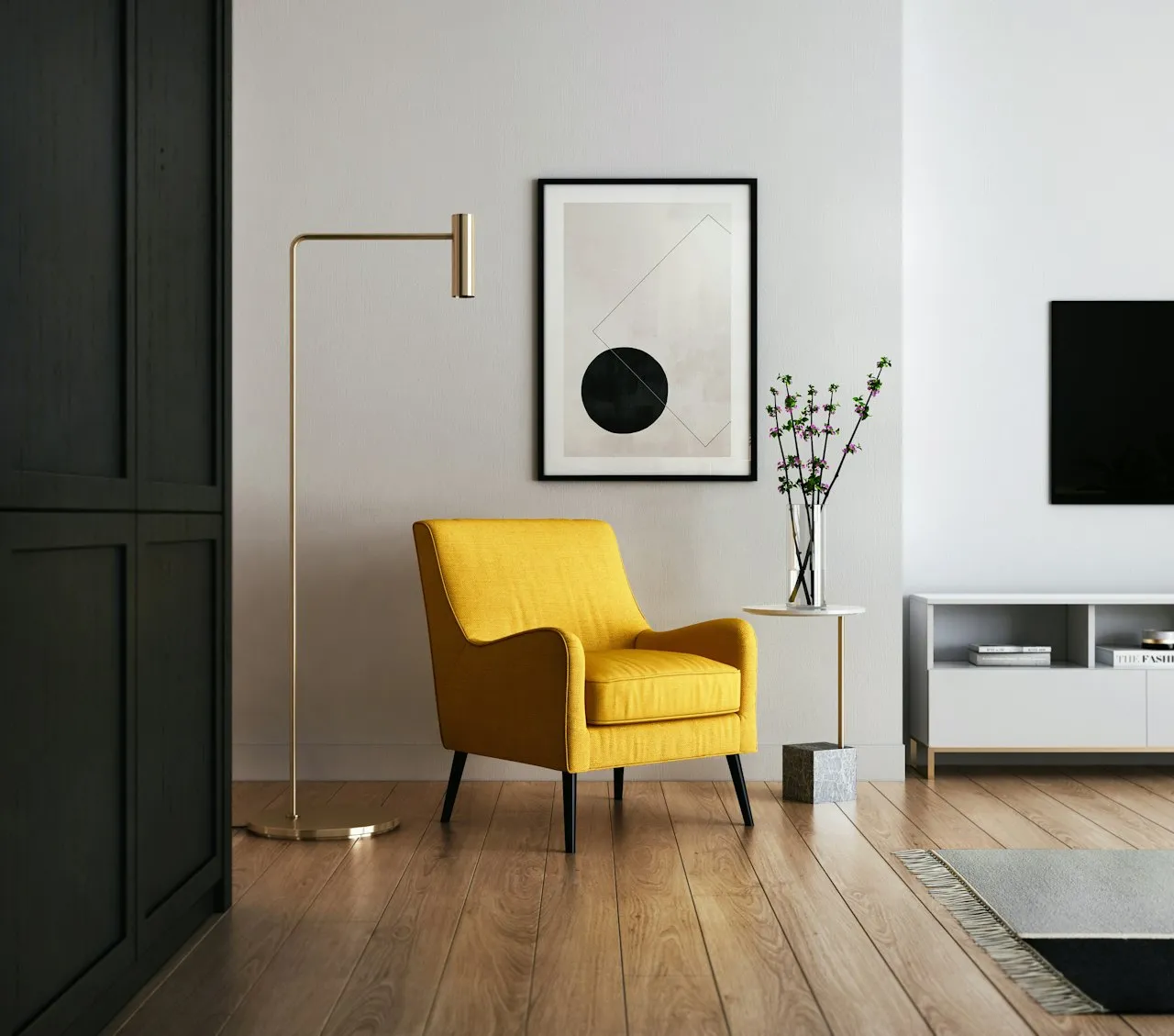 A side-by-side comparison of small art behind a sofa being too small, versus larger art behind a sofa looking proportional