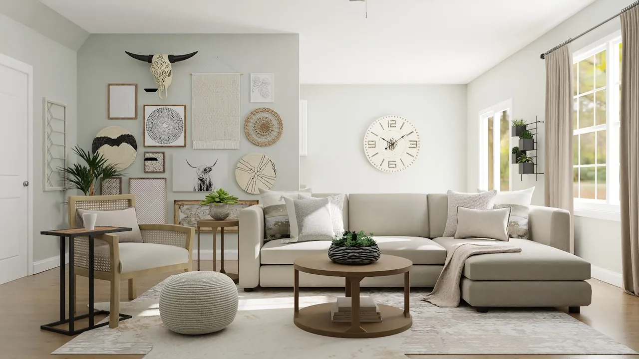 A modern interior with textured wall art pieces in warm neutral tones showing the Japandi and warm minimalism trend