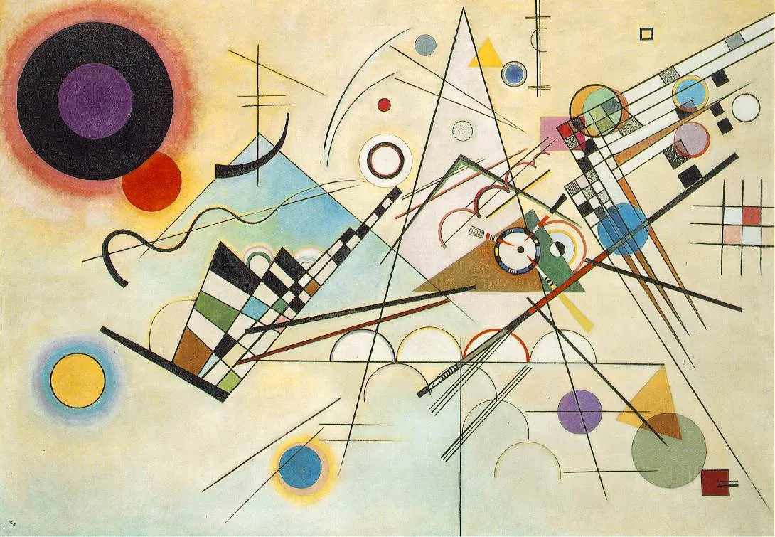 Composition VIII (1923) by Wassily Kandinsky showing a precise geometric arrangement of circles, arcs, triangles, and lines in a balanced but dynamic composition on a pale ground