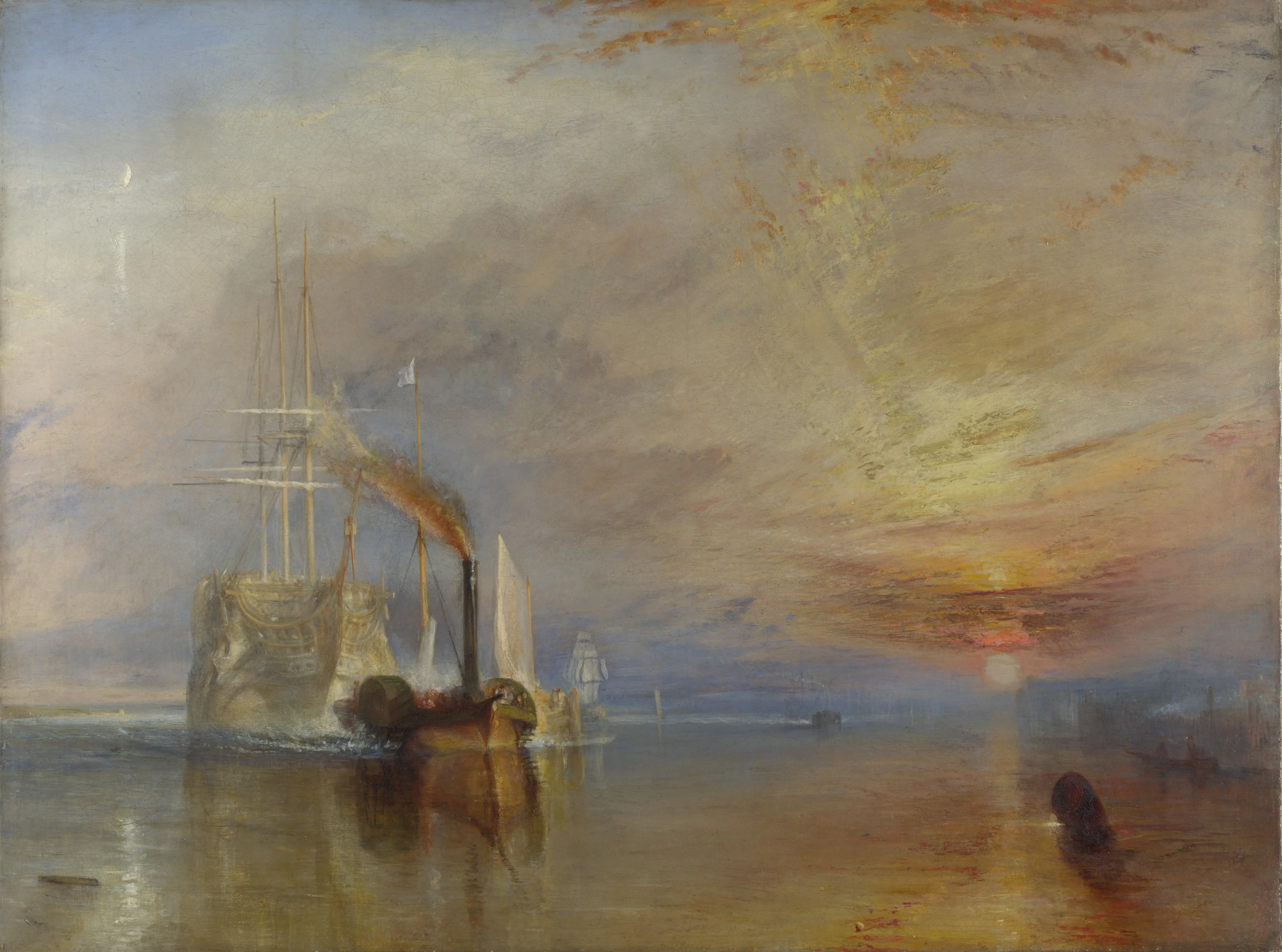The Fighting Temeraire by J.M.W. Turner showing a ghostly warship being towed to be broken up, with a dramatic sunset