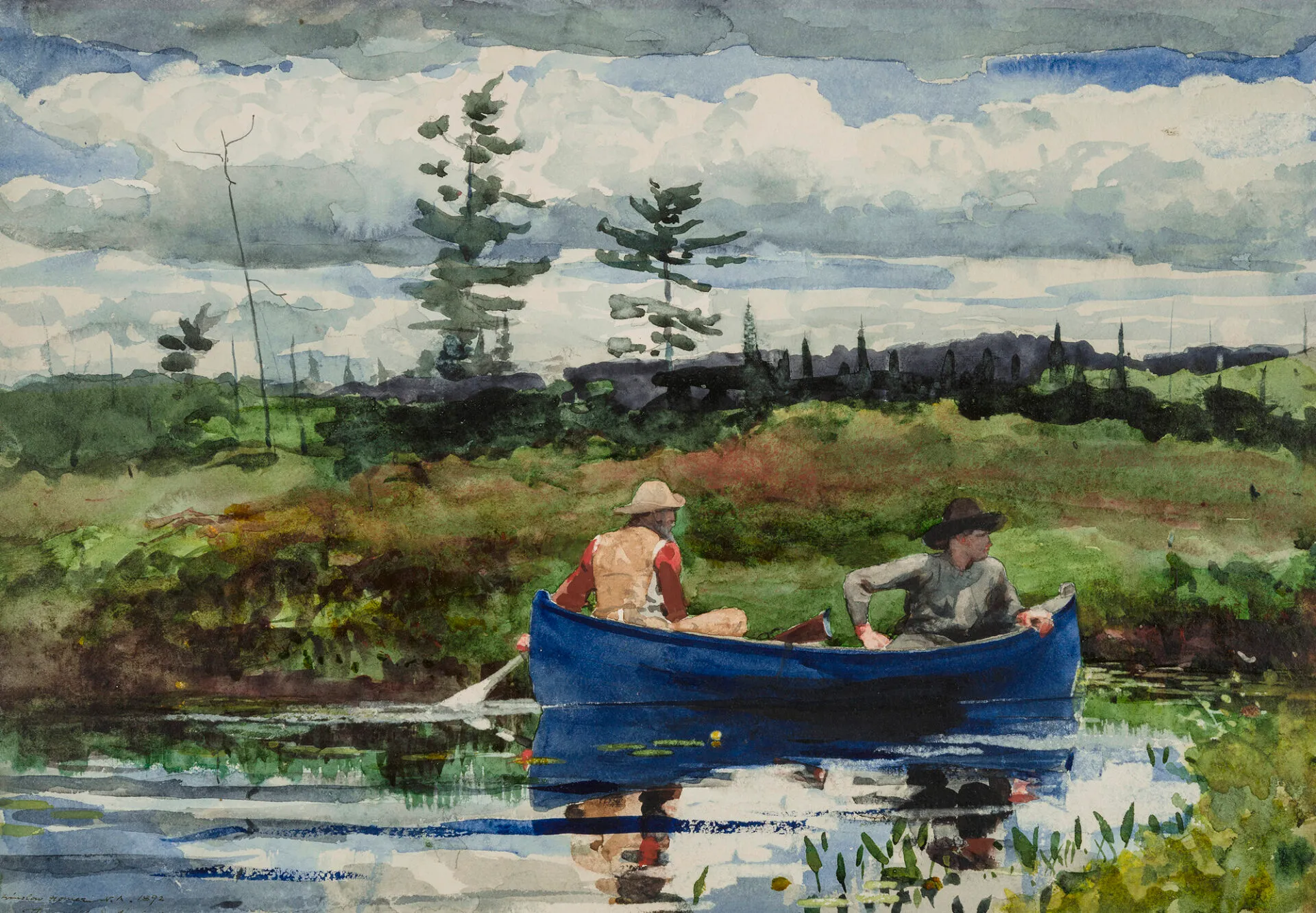 The Blue Boat by Winslow Homer, a watercolor painting showing two figures in a boat on vivid blue-green water