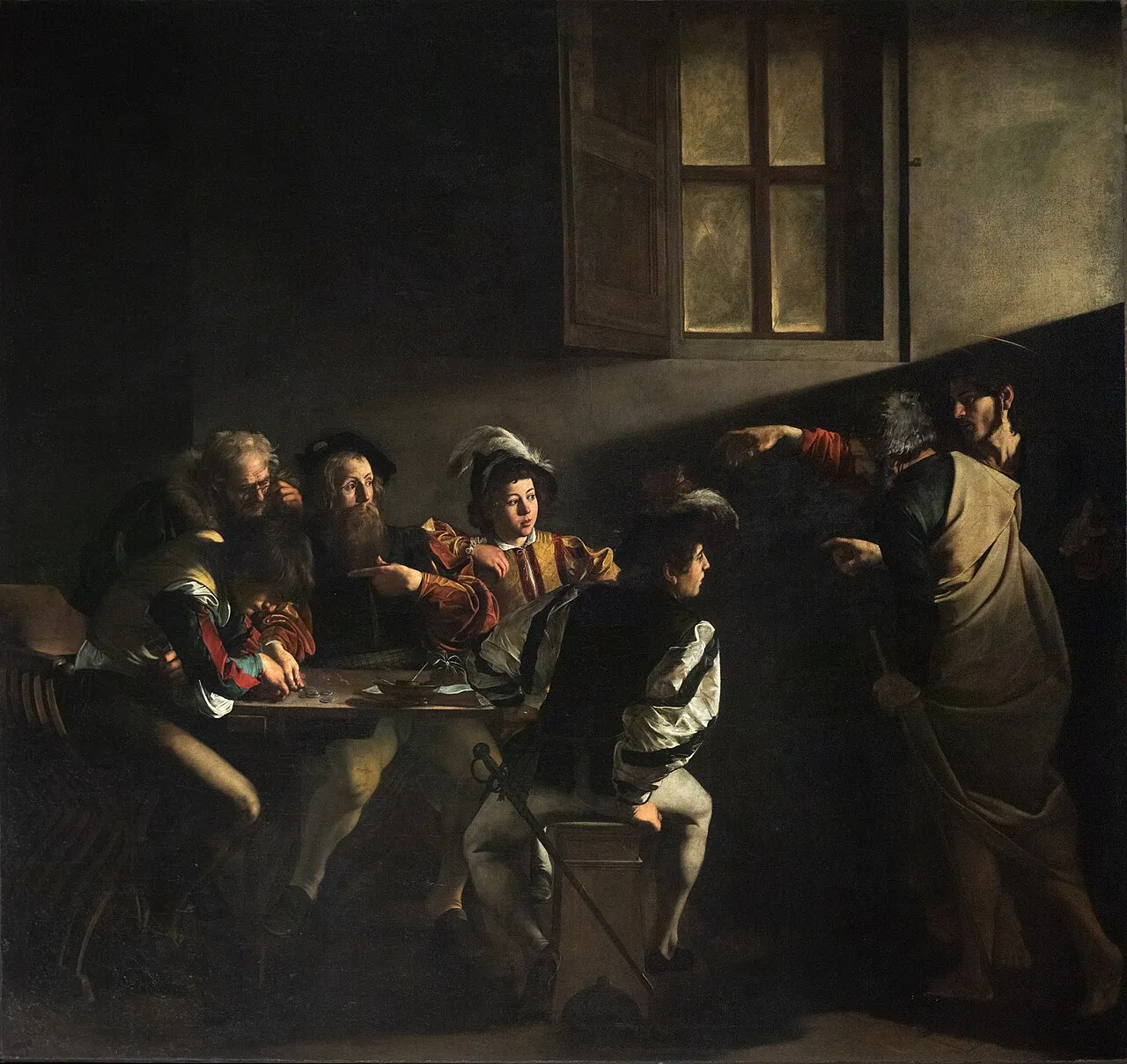 The Calling of Saint Matthew (1599-1600) by Caravaggio, showing a group of men around a table with a dramatic shaft of light from the right illuminating Matthew among them, surrounded by deep darkness