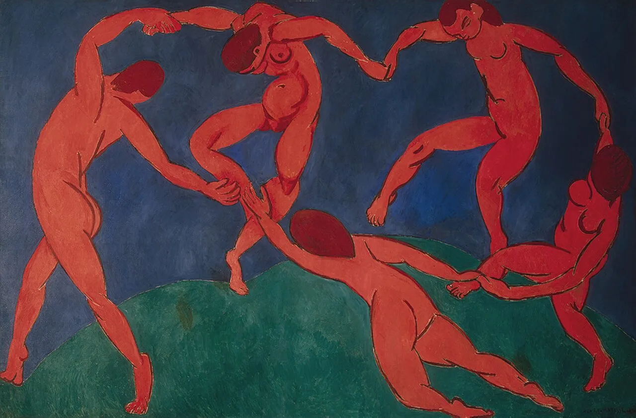 Henri Matisse, The Dance (first version), 1909, oil on canvas, Museum of Modern Art, New York. Five coral-red figures dance in a circle against a blue and green ground.