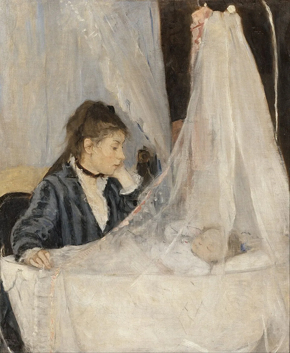 Berthe Morisot's The Cradle (1872), depicting her sister Edma watching over her baby, one of the most iconic Impressionist paintings and a work that insists that domestic life is not separate from history, but one of the principal ways history is lived in everyday form