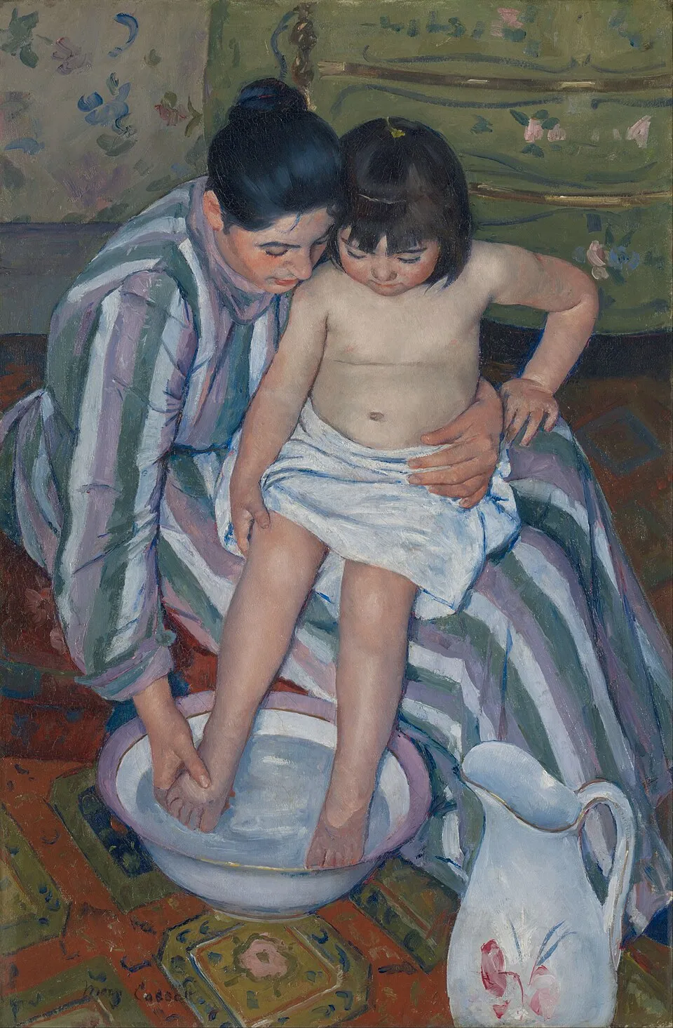 Mary Cassatt's The Child's Bath (1893), one of Cassatt's most celebrated works, depicting a mother bathing her child, a subject that redirected the hierarchy of art by showing that drawing rooms, nurseries, balconies, windows, gardens, dressing spaces, and theater boxes were not marginal to modern life