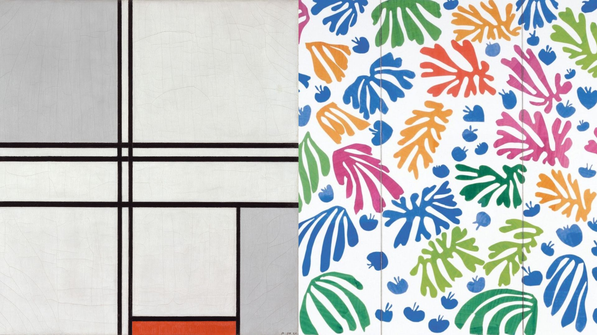 A side-by-side comparison. Left: A Piet Mondrian painting (Geometric). Right: A Henri Matisse cut-out (Organic)