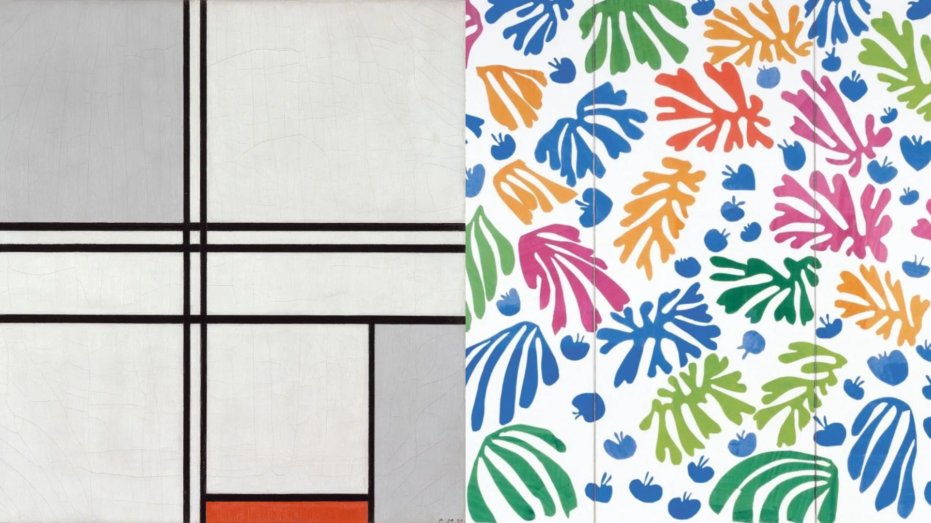 A side-by-side comparison. Left: A Piet Mondrian painting (Geometric). Right: A Henri Matisse cut-out (Organic)