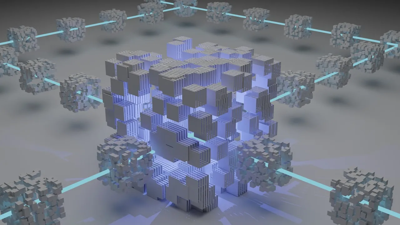 Abstract visualization of blockchain technology with connected nodes and digital network patterns