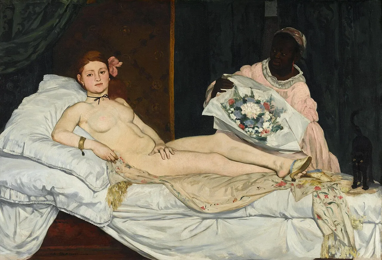 Olympia by Édouard Manet, a reclining nude woman looking directly at the viewer, which caused a scandal when first exhibited at the 1865 Paris Salon