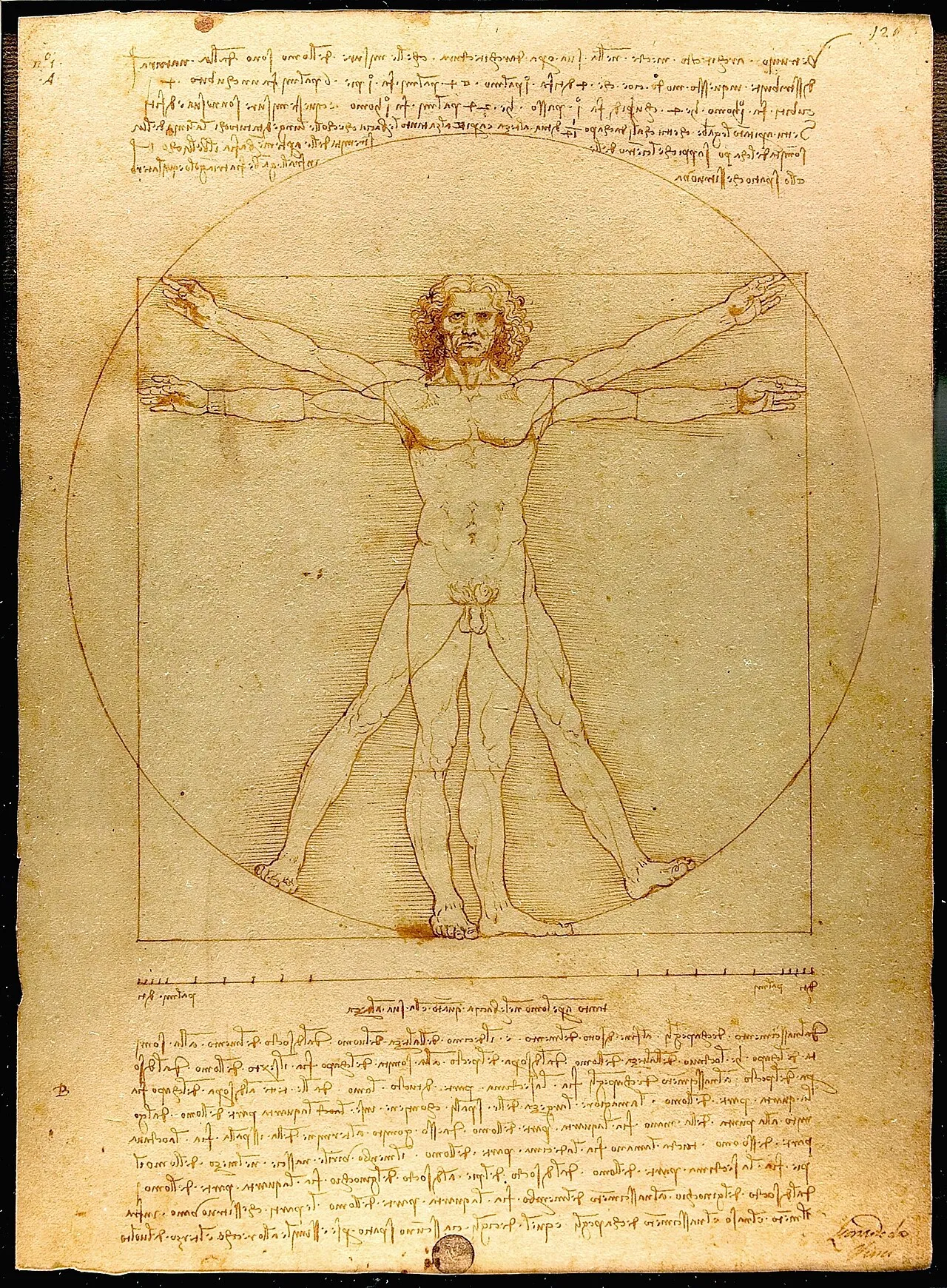Vitruvian Man by Leonardo da Vinci, showing a male figure in two superimposed positions within a circle and square